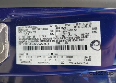 2016 Ford Escape Se из США, поврежденный, VIN 1FMCU9GX3GUA73872